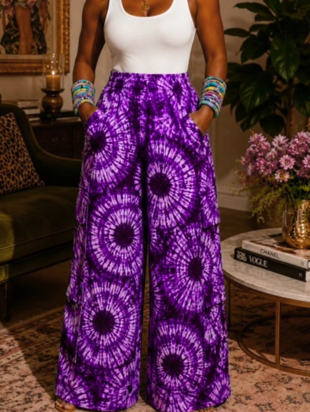 Tie-Dye Purple Wide Leg Palazzo Pants with Pockets